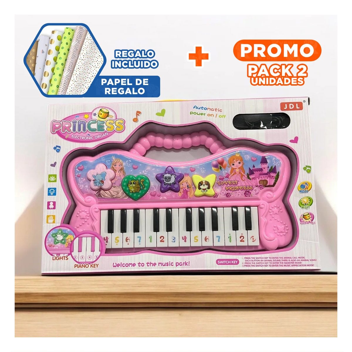 PACK2 TECLADO ROSADO MUSICAL CON PIANO Y SONIDOS PARA JUEGO Y+PAPEL REGALO - 1