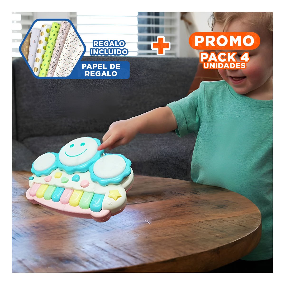 PACK4 INSTRUMENTO DIDACTICO MUSICAL DE SOL CON SONIDOS CLAROS AZUL CLARO Y+PAPEL REGALO - 1