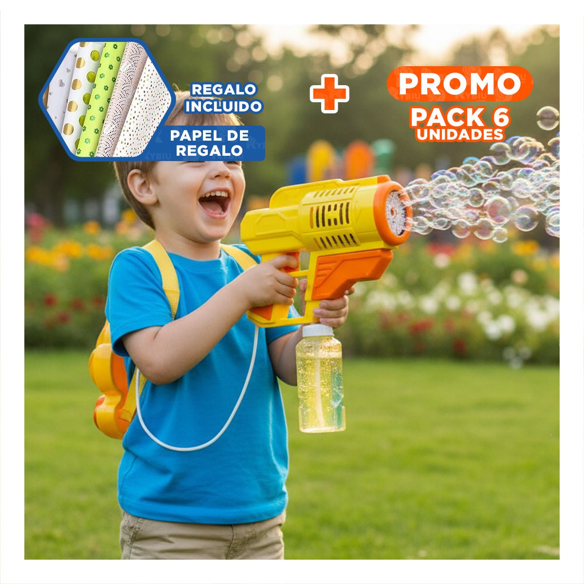 PACK6 ENTRETENIMIENTO DE BURBUJAS CON MOCHILA PORTATIL PATO AMARILLO Y+PAPEL REGALO - 1