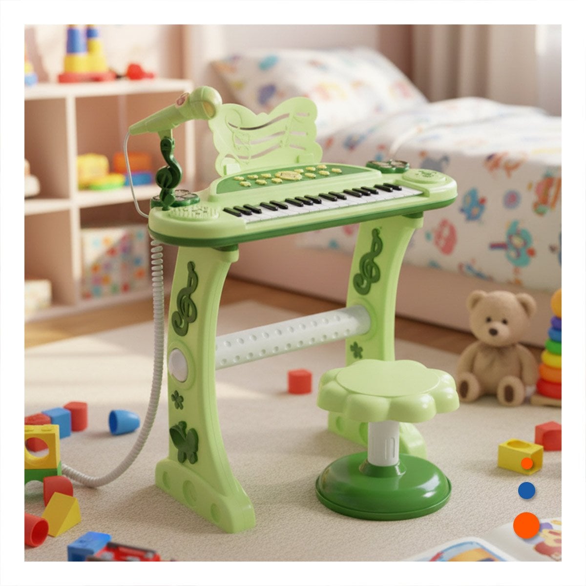 INSTRUMENTO INFANTIL VERDE CON MICROFONO Y SILLA PARA DESARROLLO MUSICAL Y+LIGAS REGALO - 1