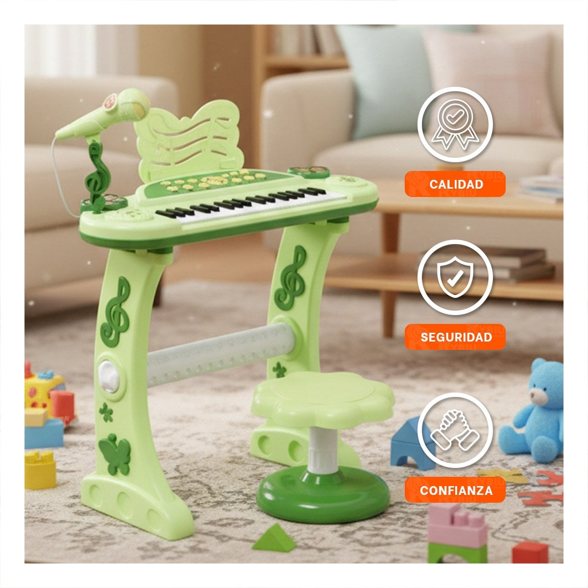 INSTRUMENTO INFANTIL VERDE CON MICROFONO Y SILLA PARA DESARROLLO MUSICAL Y+LIGAS REGALO - 2