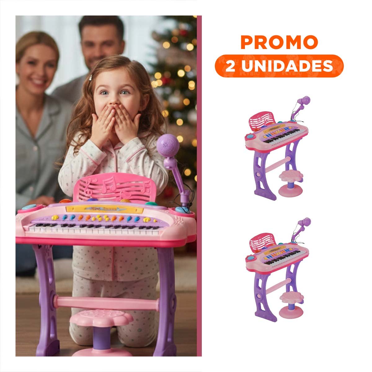 PACK2 HERRAMIENTA MUSICAL INFANTIL PIANO CON MICROFONO Y SILLA ROSADO JUEGO - 1