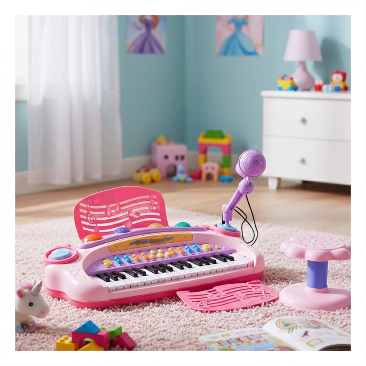 PACK2 HERRAMIENTA MUSICAL INFANTIL PIANO CON MICROFONO Y SILLA ROSADO JUEGO - 3