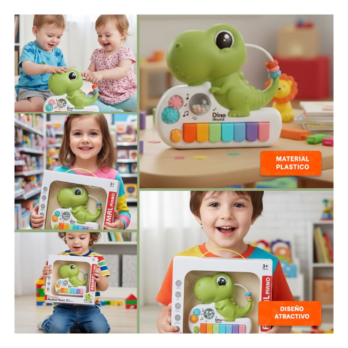 INSTRUMENTO SONORO DINOSAURIO DE JUGUETE 17.5 CM VERDE INFANTIL Y+POST IT - 5