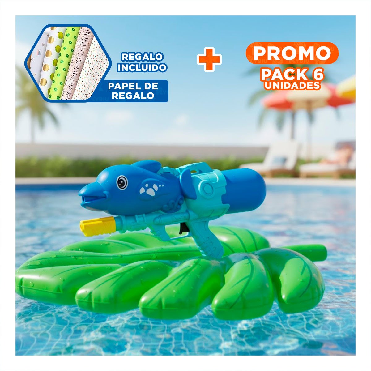 PACK6 CHORRO PARA JUEGOS DE AGUA DELFIN AZUL EN DIAS CALUROSOS Y+PAPEL REGALO - 1