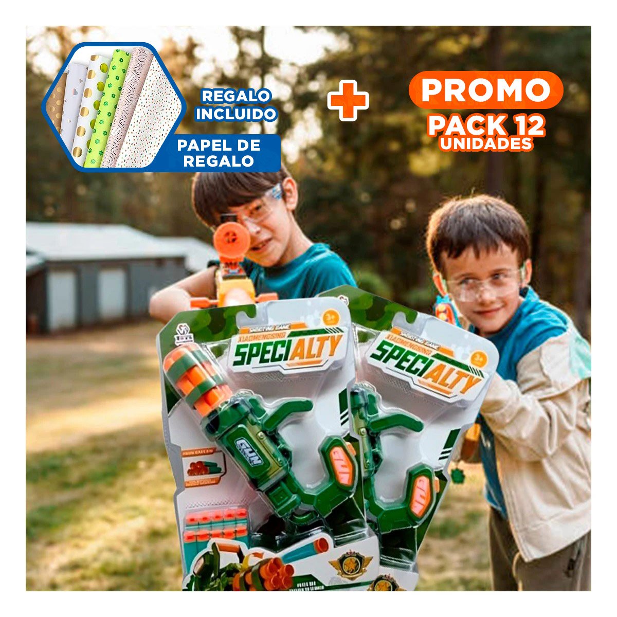 PACK12 JUGUETE LANZA DARDOS VERDE PARA NIÑOS COLORIDO Y MOTIVACION Y+PAPEL REGALO - 1
