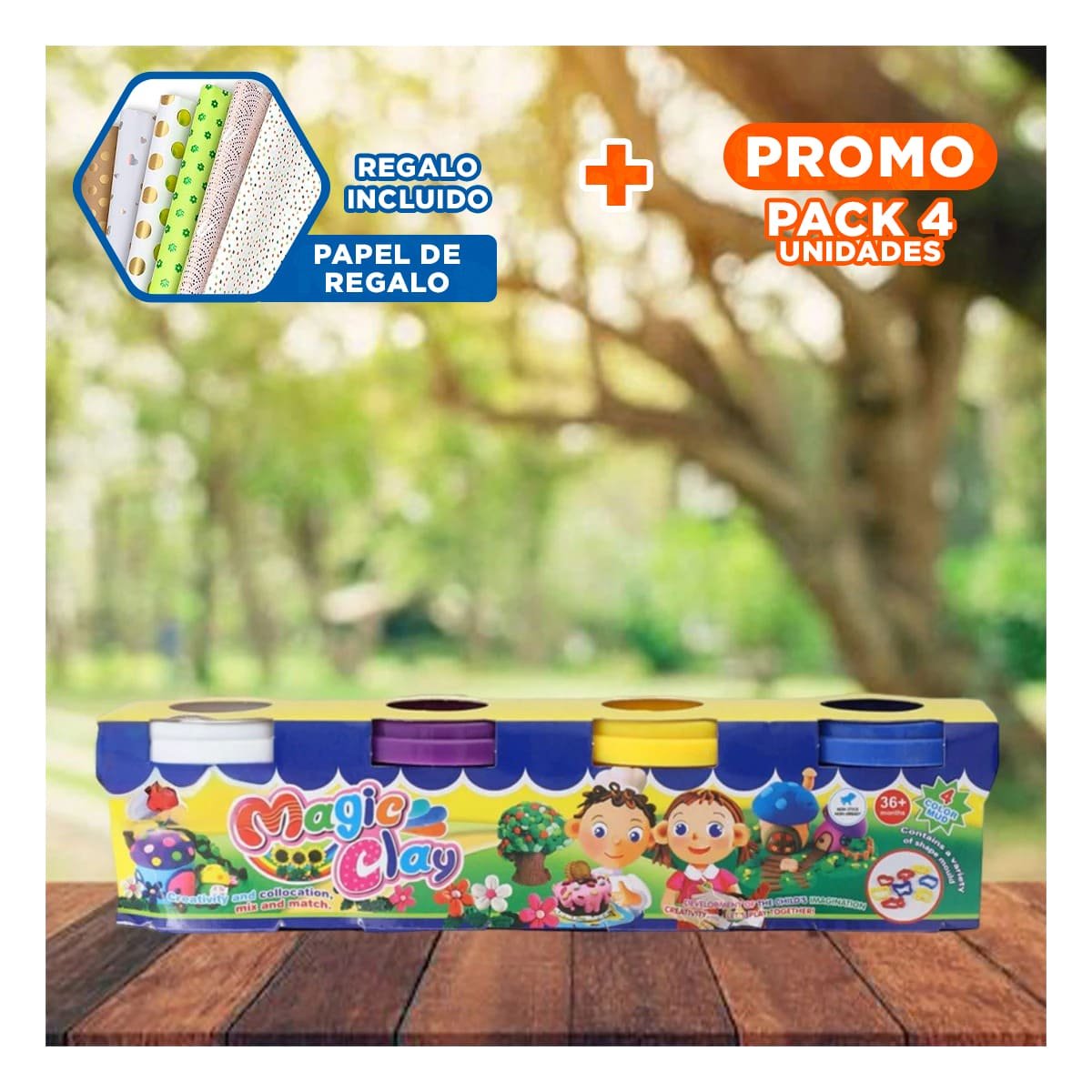 PACK4 COMBO DE PLASTILINA X4 EN VASOS DE COLORES PARA ARTE Y CREATIVIDAD Y+PAPEL REGALO - 1