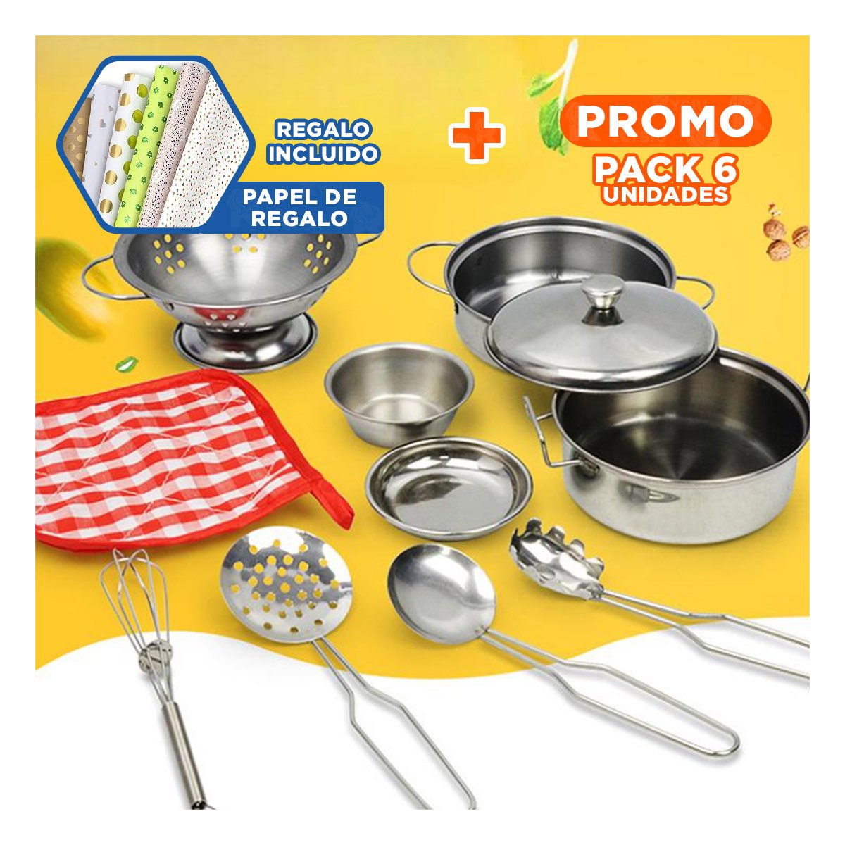 PACK6 COCINA PORTATIL CON ACCESORIOS PARA DIVERSION INFANTIL Y+PAPEL REGALO - 1