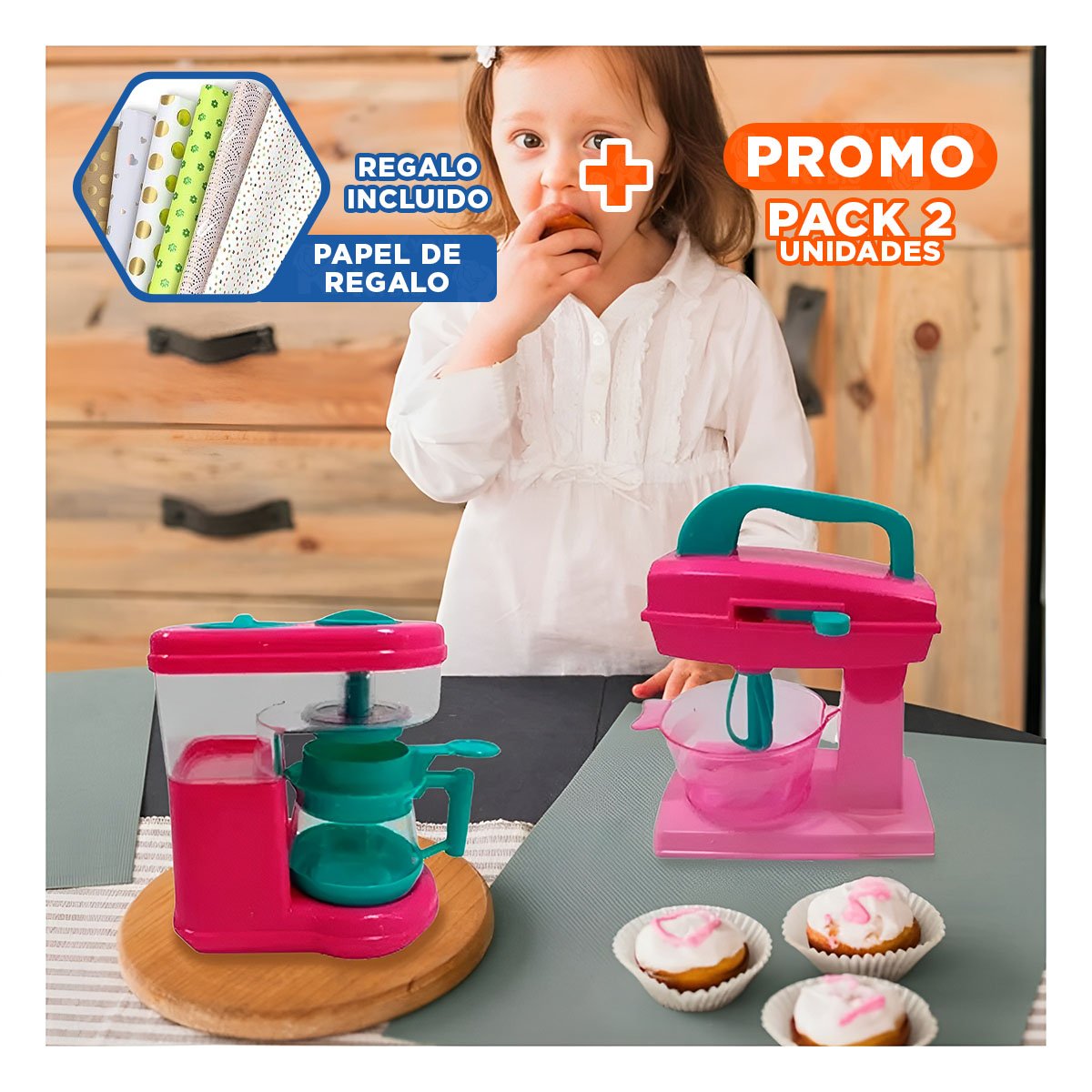 PACK2 SELECCION COCINA JUGUETE CON CAFETERA Y BATIDORA ROSADO PARA HOGAR Y+PAPEL REGALO - 1