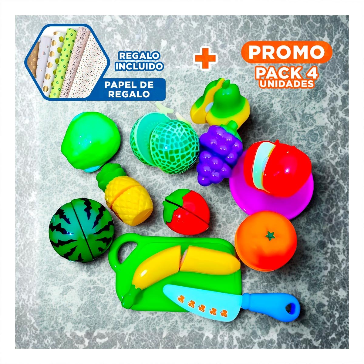 PACK4 SOLUCION DE FRUTAS PARA CORTAR DIDACTICO CON TABLA PARA PICAR Y JUEGO Y+PAPEL REGALO - 1