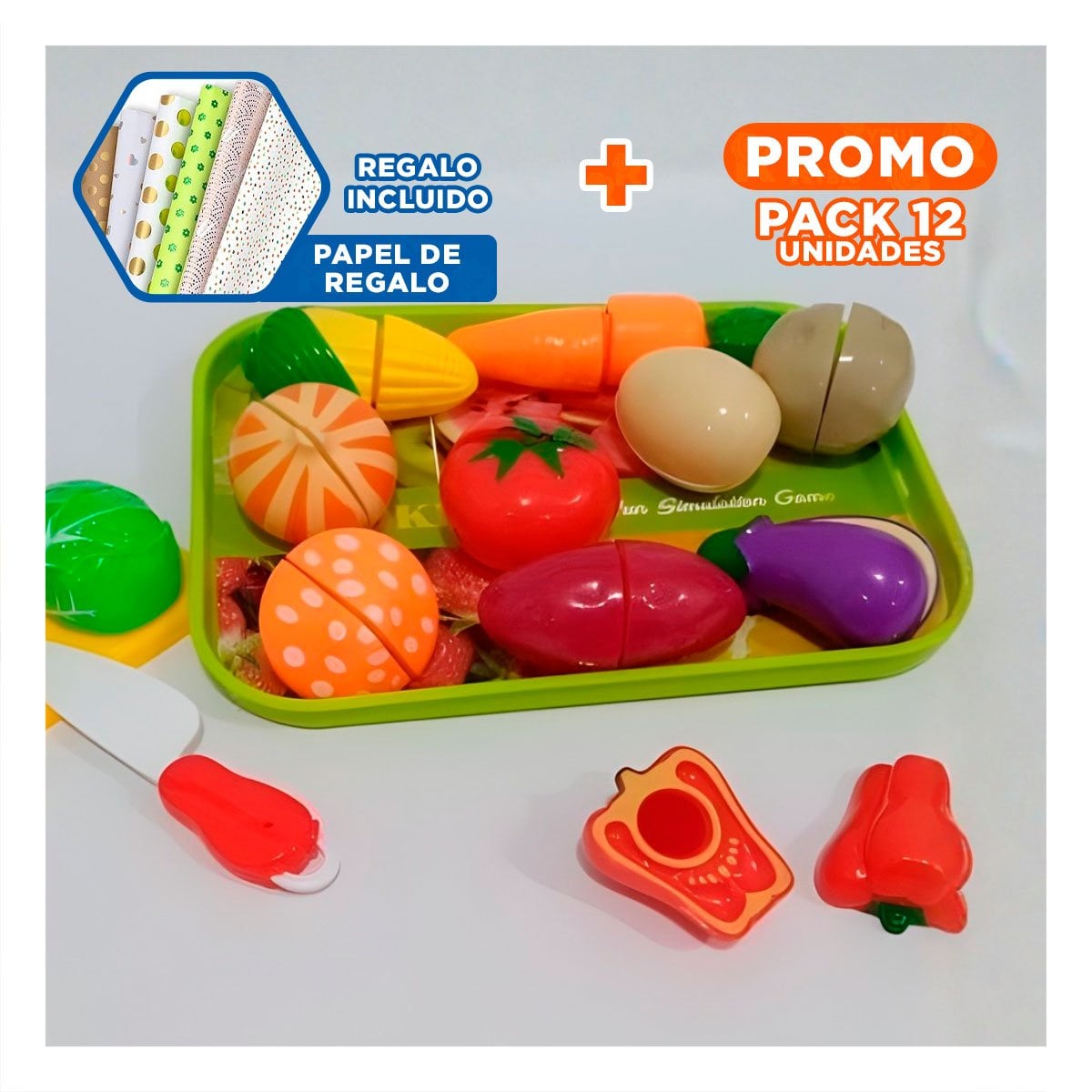 PACK12 CONJUNTO DE VERDURAS DE COCINA PARA CORTE CON TABLA Y BANDEJA Y+PAPEL REGALO - 1