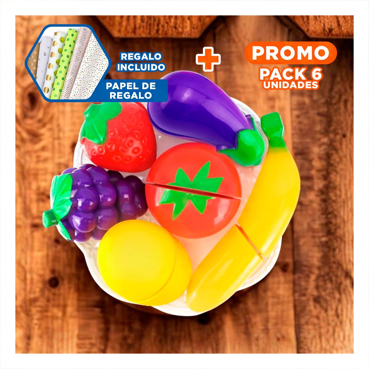 PACK6 ALTERNATIVA EDUCATIVA DE FRUTAS PARA CORTAR CON TABLA PARA PICAR Y JUEGO Y+PAPEL REGALO - 1