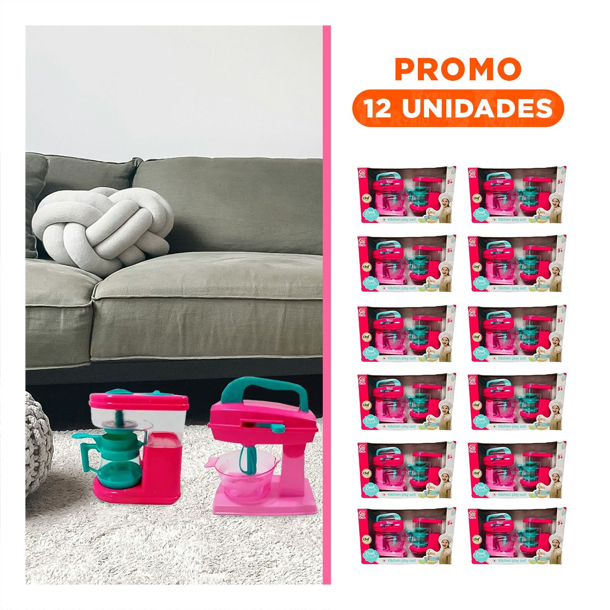 PACK12 ELEMENTO COCINA JUGUETE CON CAFETERA Y BATIDORA ROSADO PARA HOGAR Y+REGALO STICKER - 1