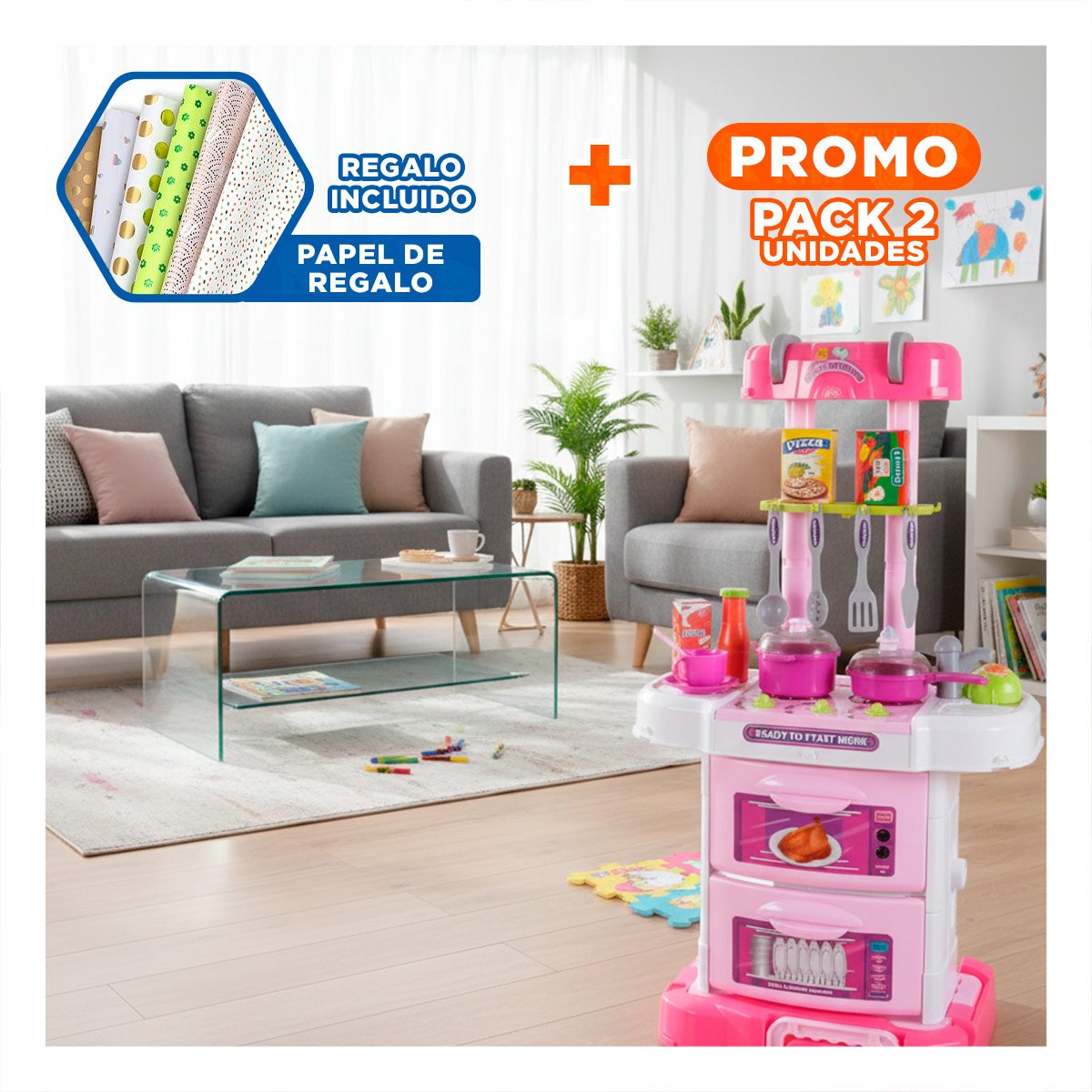 PACK2 ESCENARIO COCINA MALETIN TRES EN UNO SET PARA HOGAR Y+PAPEL REGALO - 1
