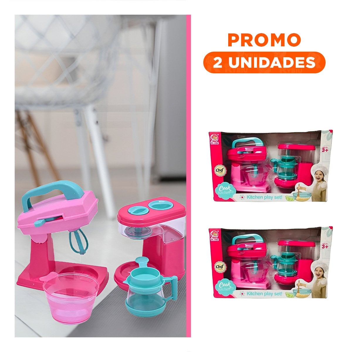 PACK2 OPCION COCINA JUGUETE CON CAFETERA Y BATIDORA ROSADO PARA CASA - 1