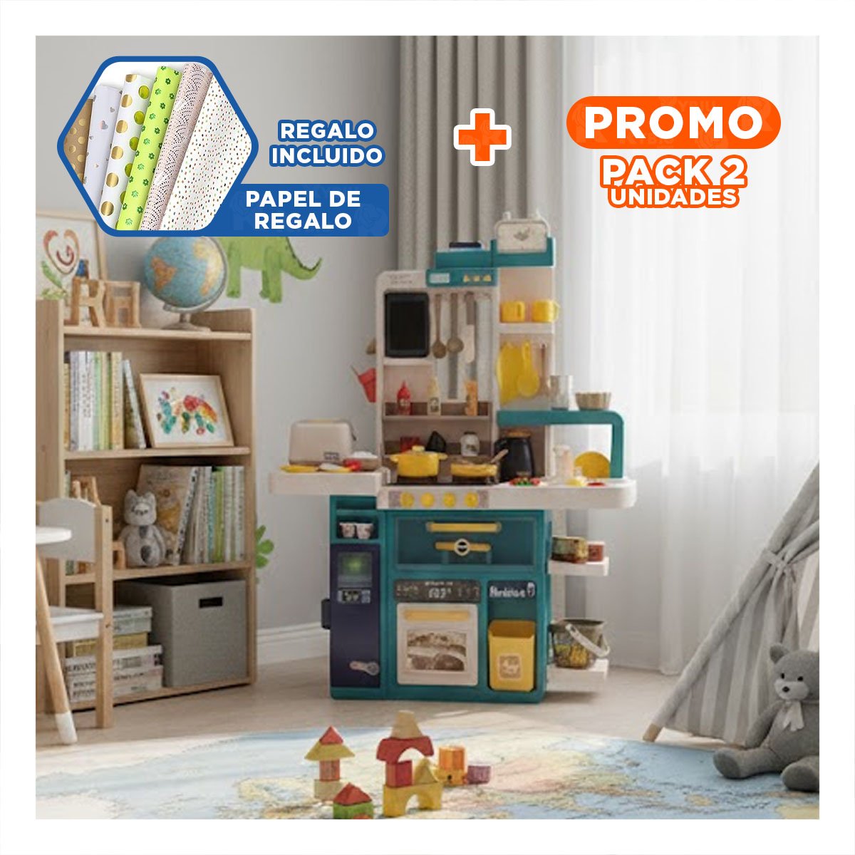 PACK2 ESPACIO LUDICO DE COCINA INFANTIL CELESTE CON ACCESORIOS PARA HOGAR Y+PAPEL REGALO - 1