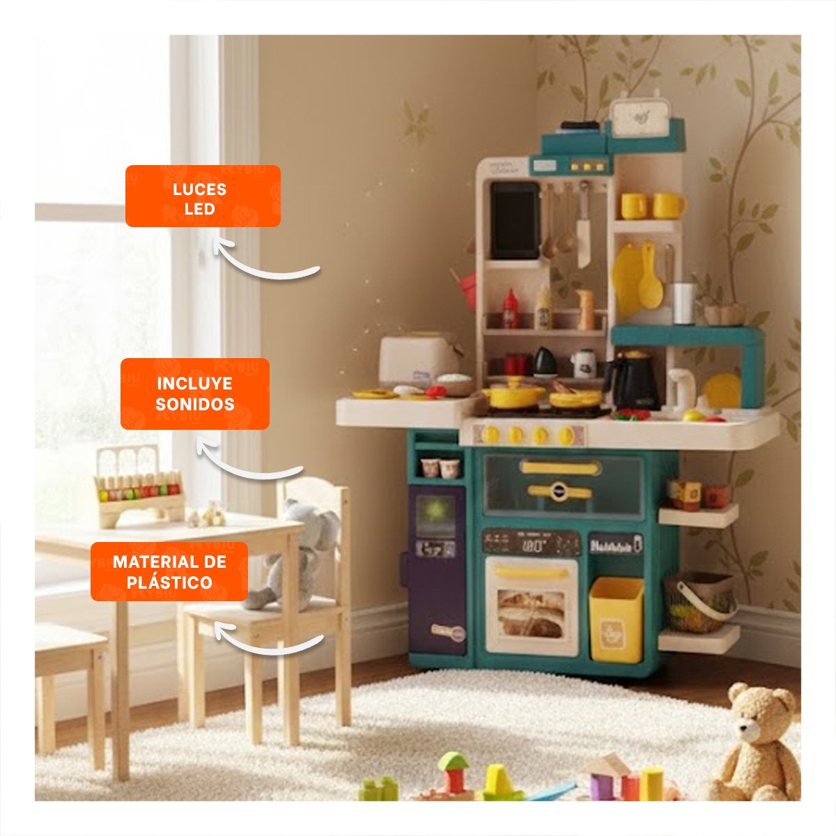 RINCON DE COCINA INFANTIL CELESTE CON ACCESORIOS PARA JUEGO CREATIVO EN HOGAR Y+POST IT - 2