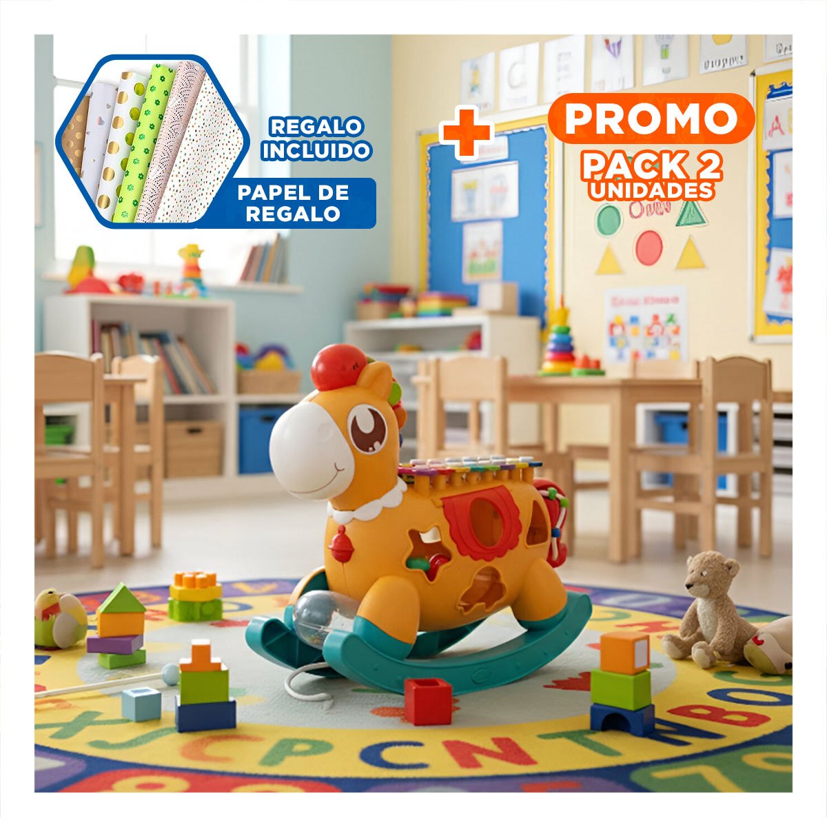 PACK2 CABALLITO LUDICO MUSICAL ROJO Y AMARILLO CON XILOFONO INFANTIL Y+PAPEL REGALO - 1