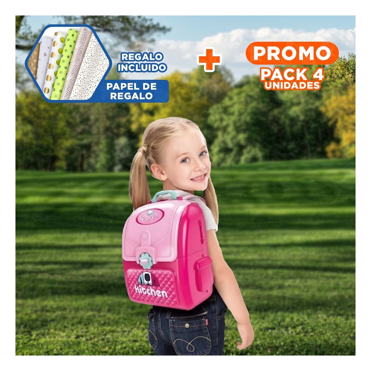 PACK4 JUEGO DE COCINA INFANTIL CON ACCESORIOS EN MALETA PARA DIVERSION EN CASA Y+PAPEL REGALO - 1