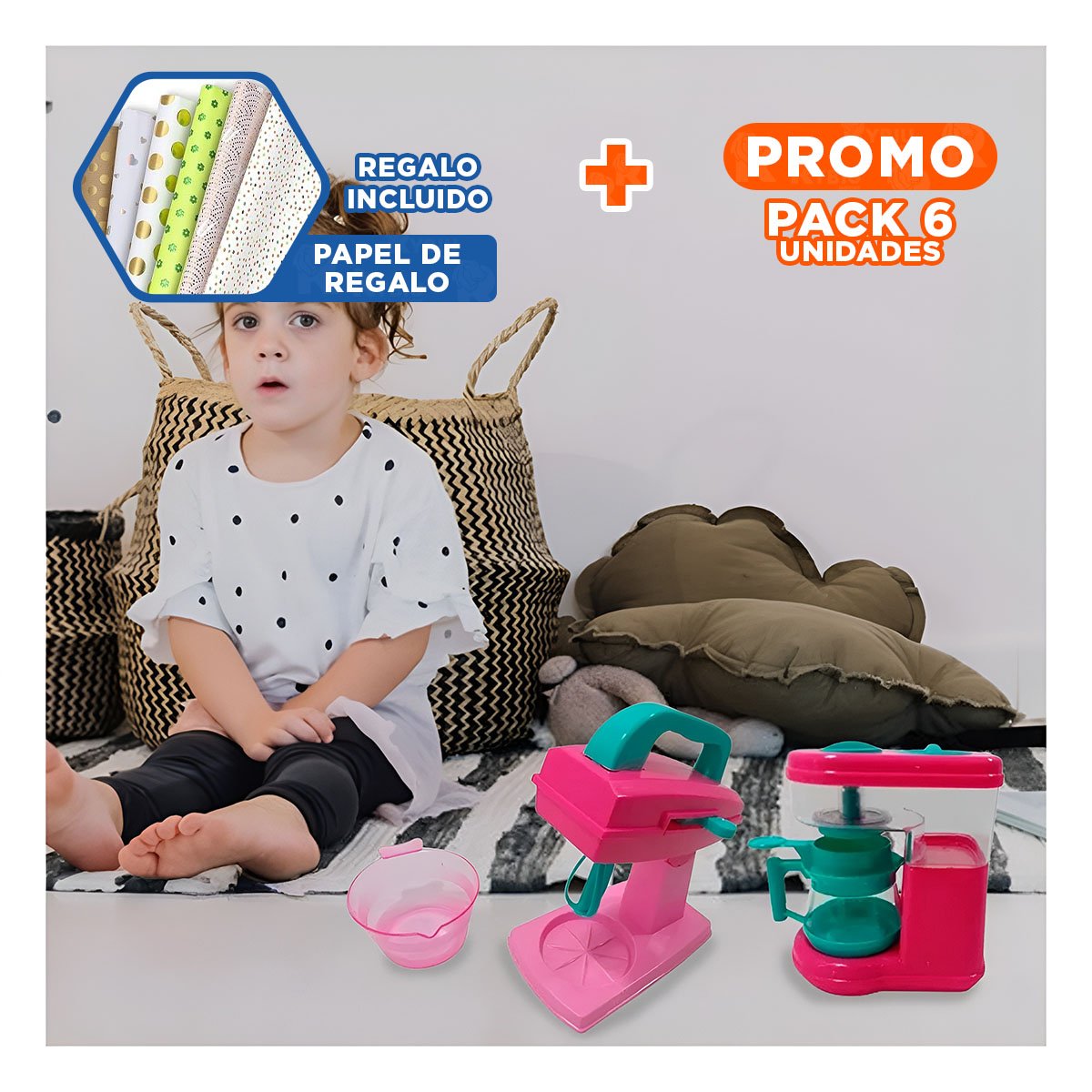 PACK6 AMBIENTE COCINA JUGUETE CON CAFETERA Y BATIDORA ROSADO PARA HOGAR Y+PAPEL REGALO - 1