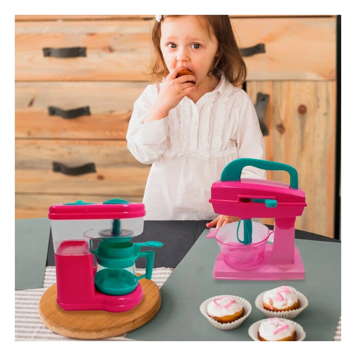 PACK6 AMBIENTE COCINA JUGUETE CON CAFETERA Y BATIDORA ROSADO PARA HOGAR Y+PAPEL REGALO - 5