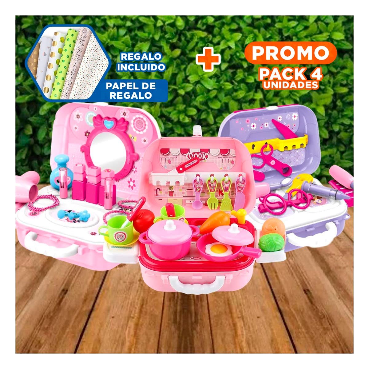 PACK4 SET DE COCINA CHEF CREATIVO CON PERSONAJE EN LONCHERA PARA DIVERSION Y+PAPEL REGALO - 1