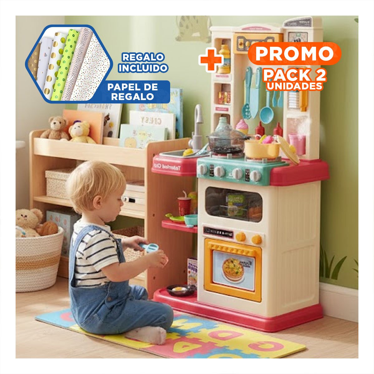 PACK2 CONJUNTO DE COCINA ROSADO CON ACCESORIOS PARA JUEGO DE HOGAR EN CASA Y+PAPEL REGALO - 1