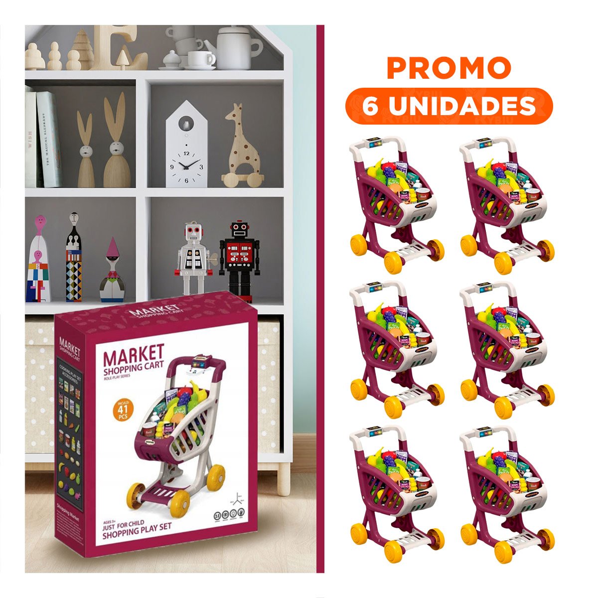 PACK6 IMPLEMENTO PARA COMPRAS INFANTIL 41 PZS GUINDA CON FUNCION MUSICAL - 1