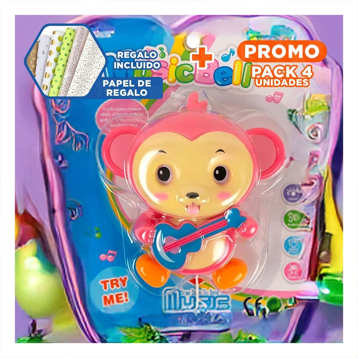 PACK4 LINEA MUSICAL MONO A CUERDA ROSADO PARA DECORACION HOGAR Y+PAPEL REGALO - 1