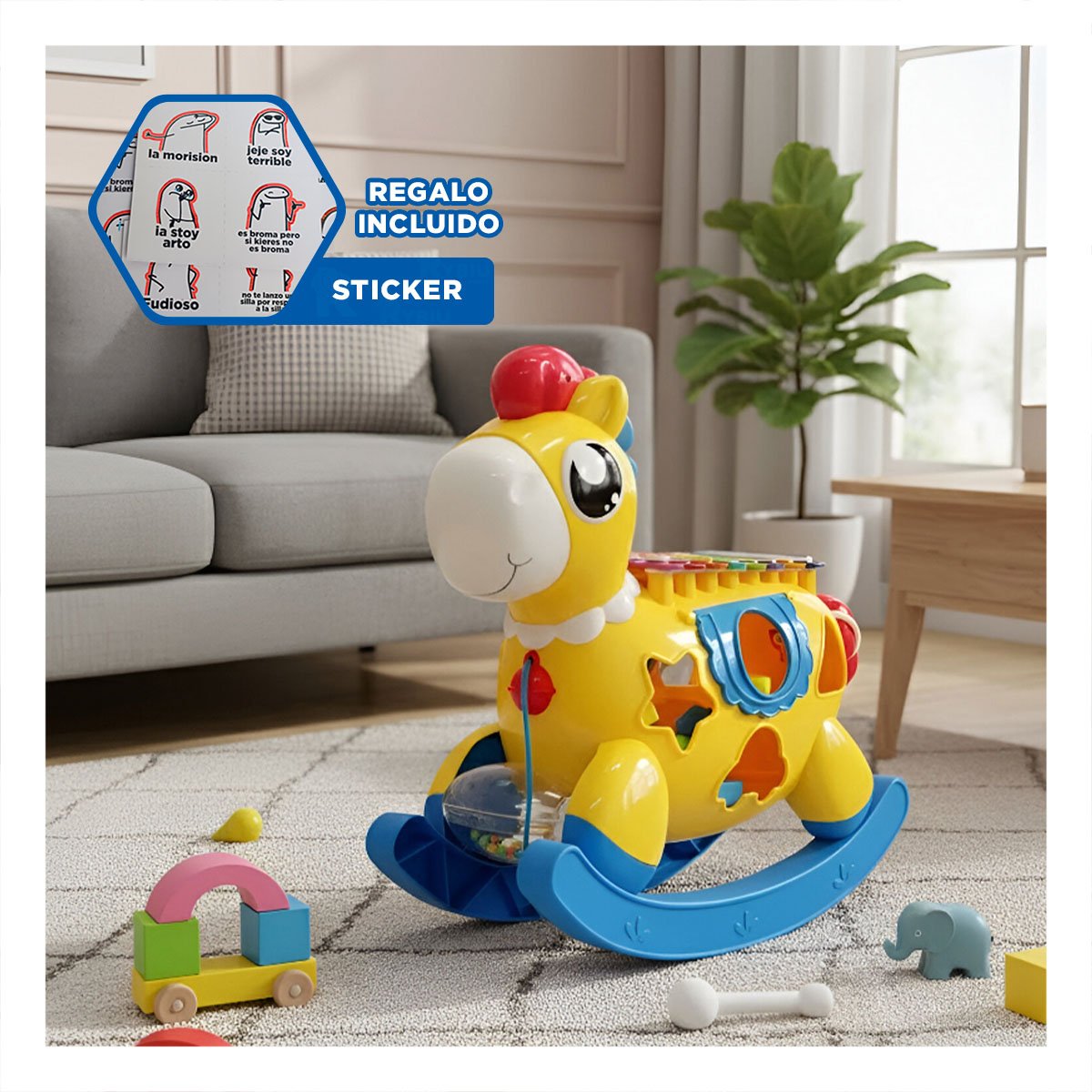 CABALLITO INFANTIL MUSICAL AZUL Y AMARILLO CON BLOQUES Y XILOFONO EDUCATIVO Y+REGALO STICKER - 1