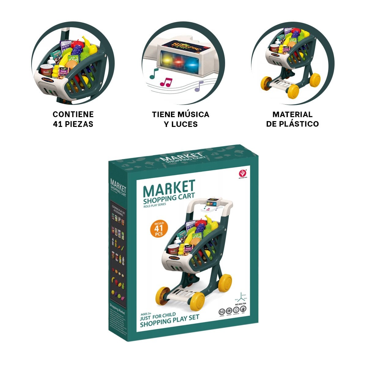 CANASTA DE COMPRAS MUSICAL 41 PZS VERDE OSCURO CON ACCESORIOS DE JUEGO - 3