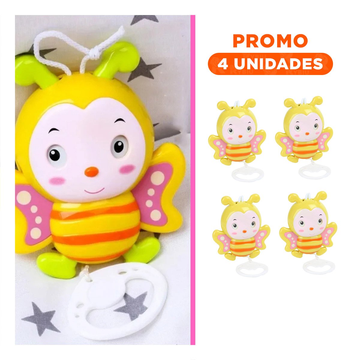 PACK4 CASCABEL ABEJA MUSICAL A CUERDA AMARILLO PARA BEBE HOGAR SONIDO CLASICO Y+REGALO STICKER - 1