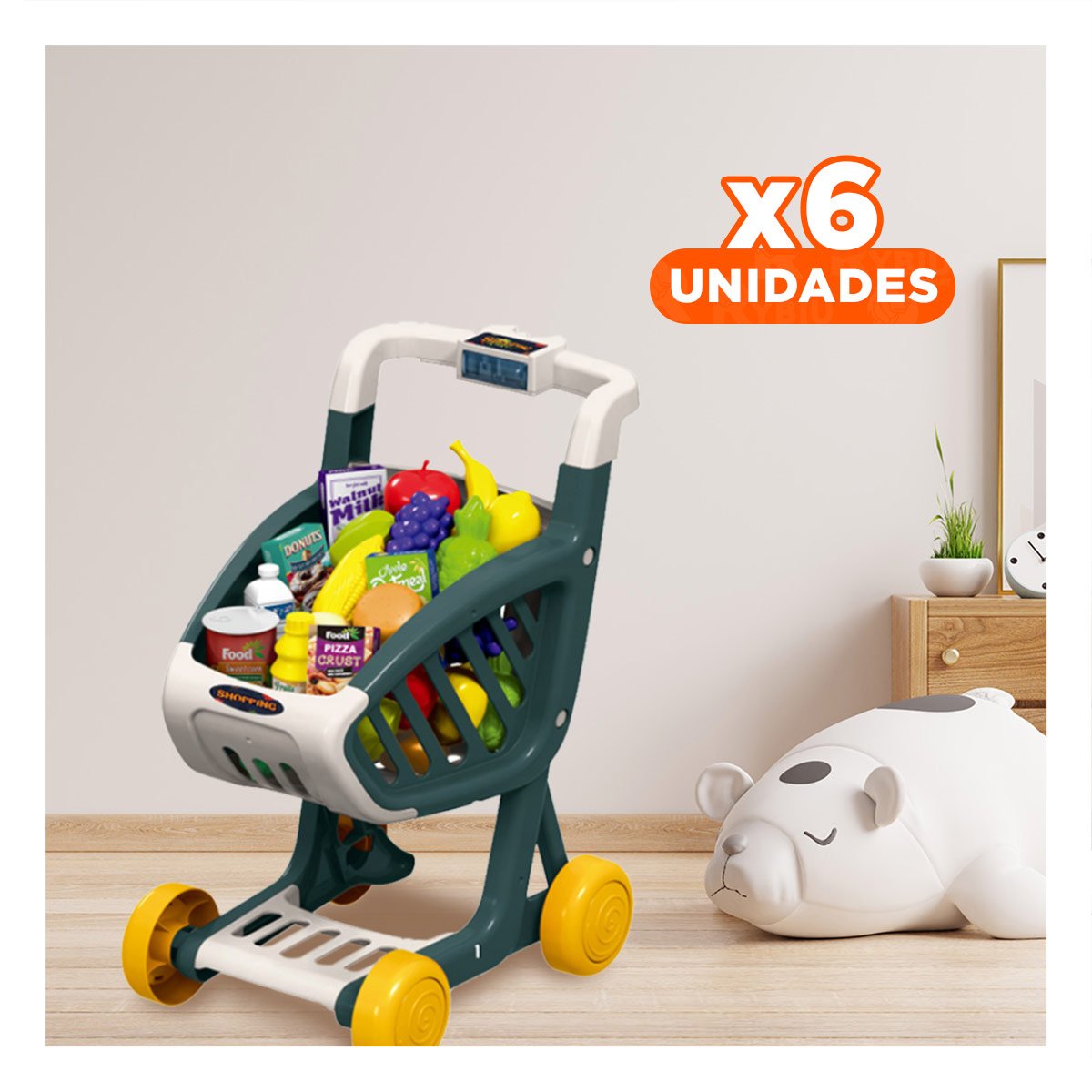 PACK6 COCHE EMPUJABLE DE COMPRAS MUSICAL 41 PZS VERDE OSCURO PARA JUEGO Y+REGALO STICKER - 1