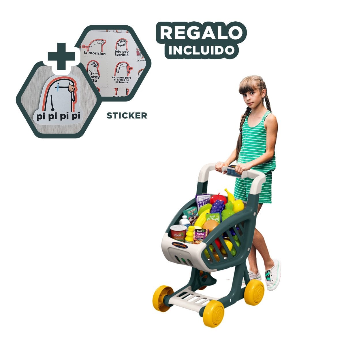 CESTA DE COMPRAS MUSICAL 41 PZS VERDE OSCURO CON SONIDOS DIVERTIDOS Y+REGALO STICKER - 1
