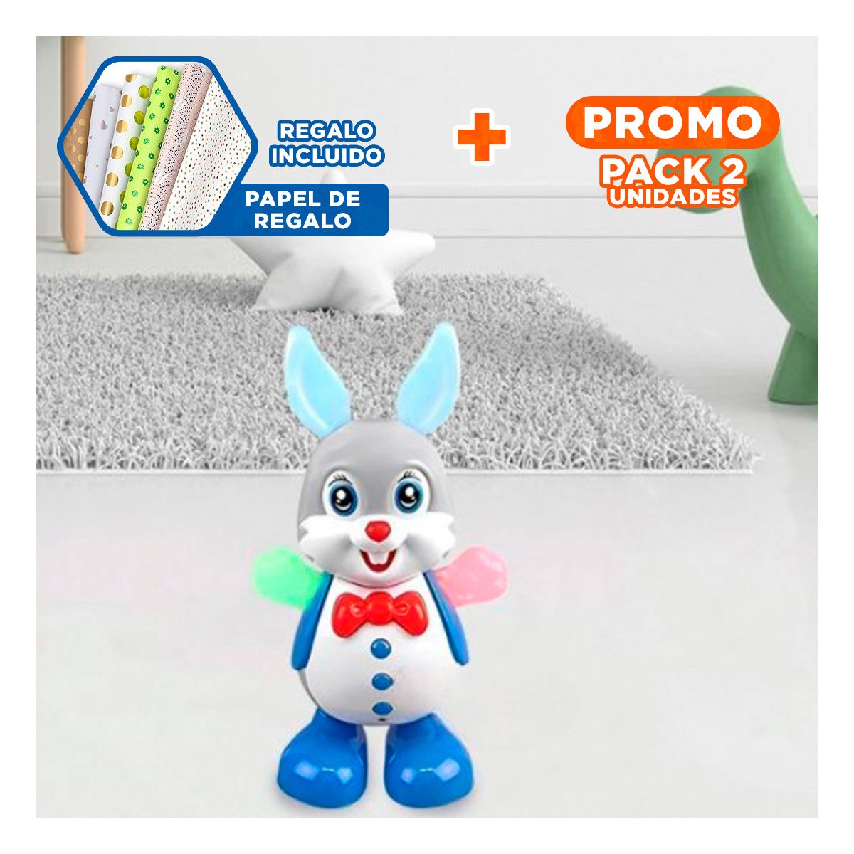 PACK2 ENTRETENIMIENTO MUSICAL CONEJO INTERACTIVO CON LUCES LED PARA CASA Y+PAPEL REGALO - 1