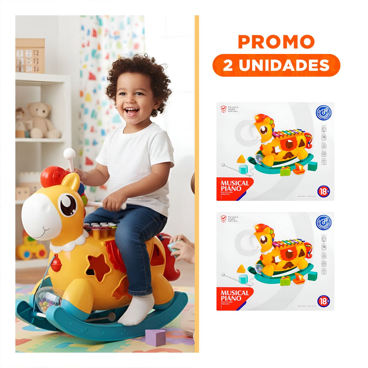 PACK2 CABALLITO EDUCATIVO MUSICAL ROJO Y AMARILLO CON BLOQUES COLORIDOS - 1