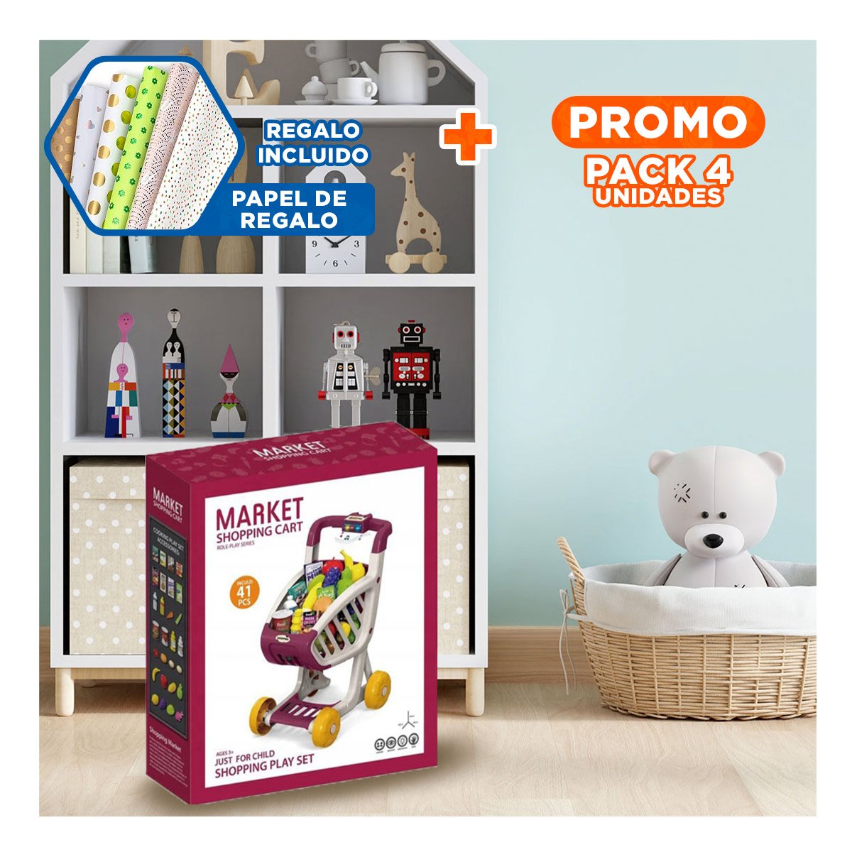 PACK4 MATERIAL PARA COMPRAS INFANTIL 41 PZS GUINDA PARA DIVERSION EN CASA Y+PAPEL REGALO - 1