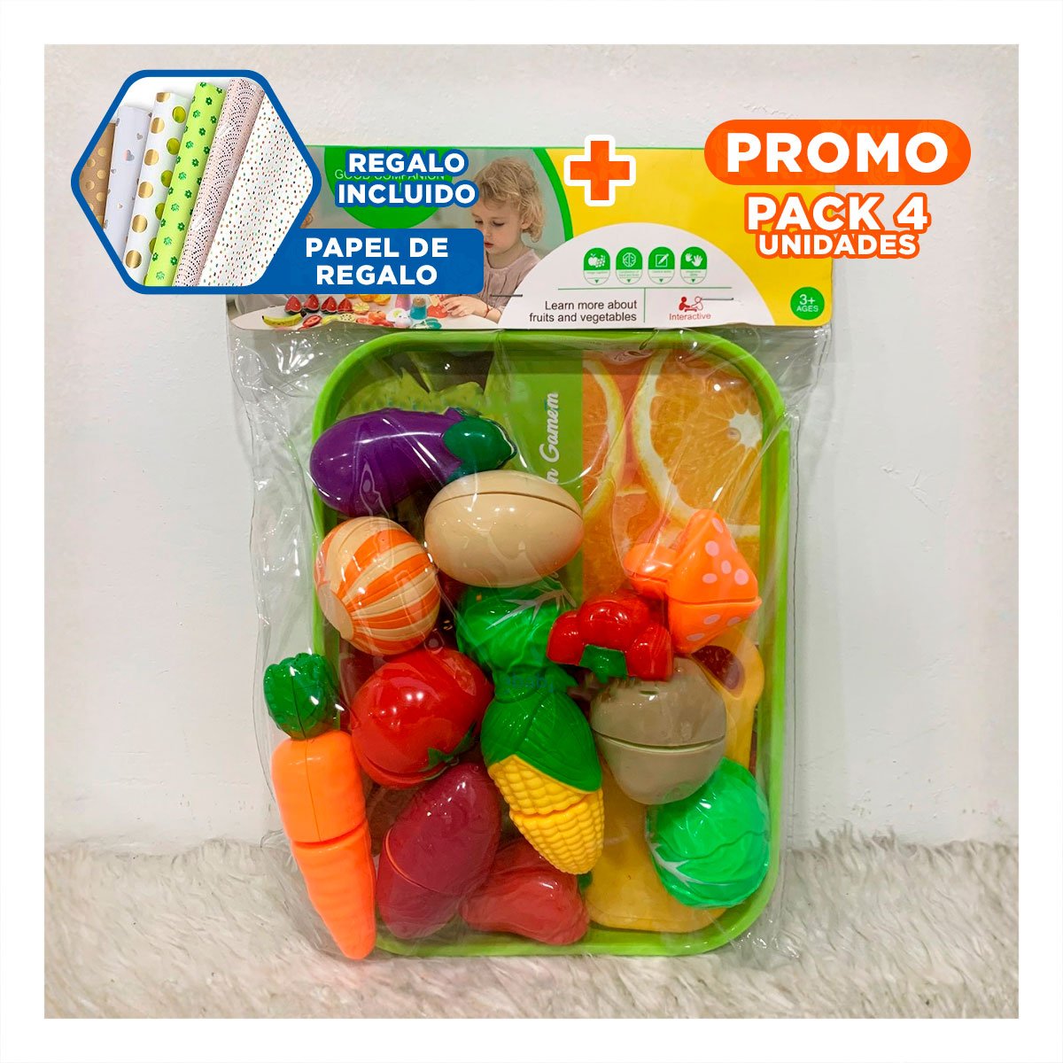 PACK4 ALIMENTOS DE COCINA PARA CORTAR VERDURAS CON TABLA Y BANDEJA Y+PAPEL REGALO - 1
