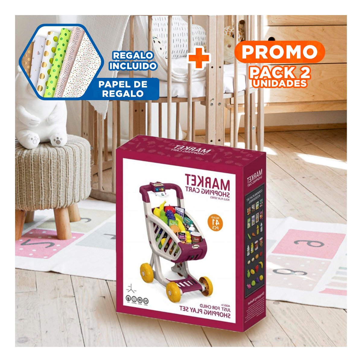 PACK2 MATERIAL PARA COMPRAS INFANTIL 41 PZS GUINDA CON FUNCION MUSICAL INTEGRADA Y+PAPEL REGALO - 1