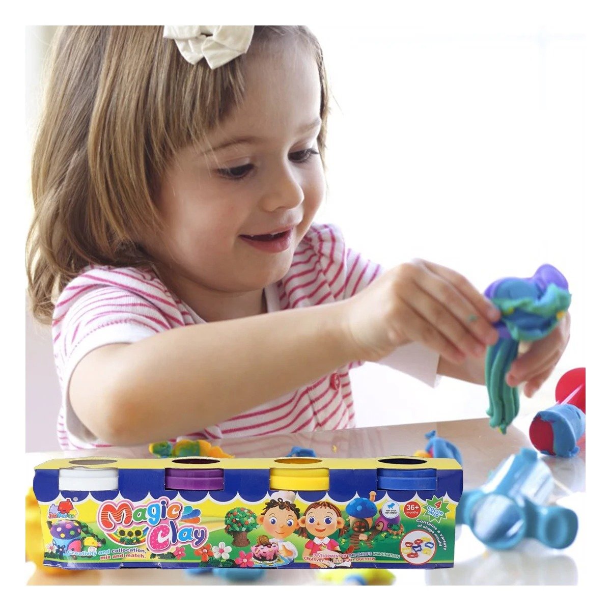PACK6 CONTENEDOR DE PLASTILINA X4 EN VASOS DE COLORES PARA JUGAR Y+REGALO STICKER - 2