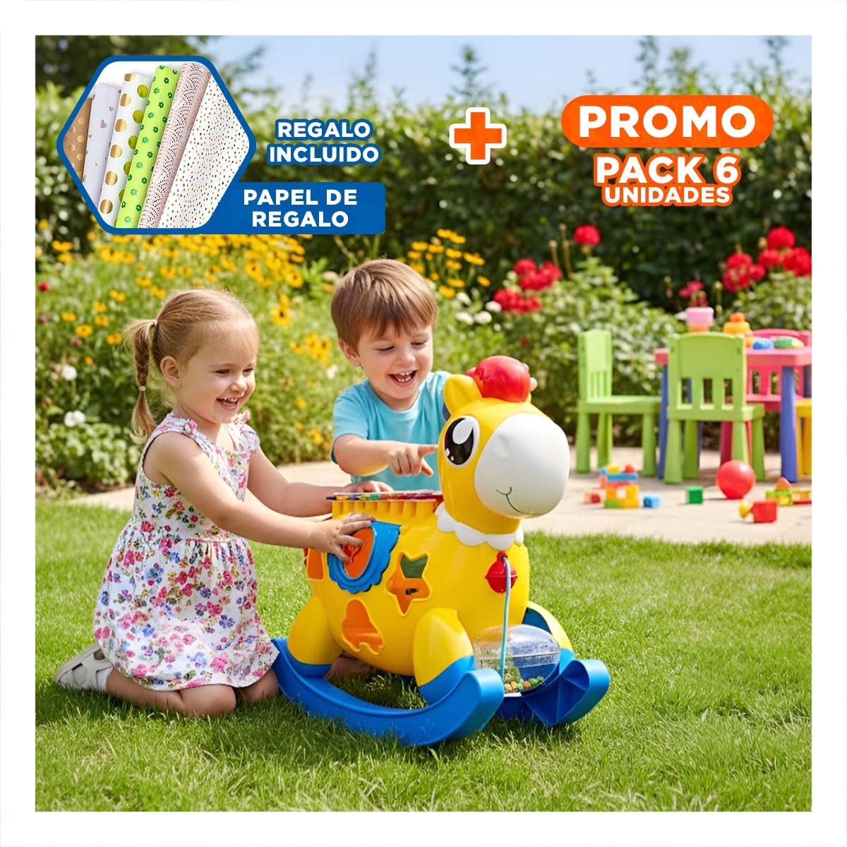 PACK6 JUEGO EDUCATIVO MUSICAL INFANTIL AZUL Y AMARILLO CON CABALLO Y XILOFONO Y+PAPEL REGALO - 1