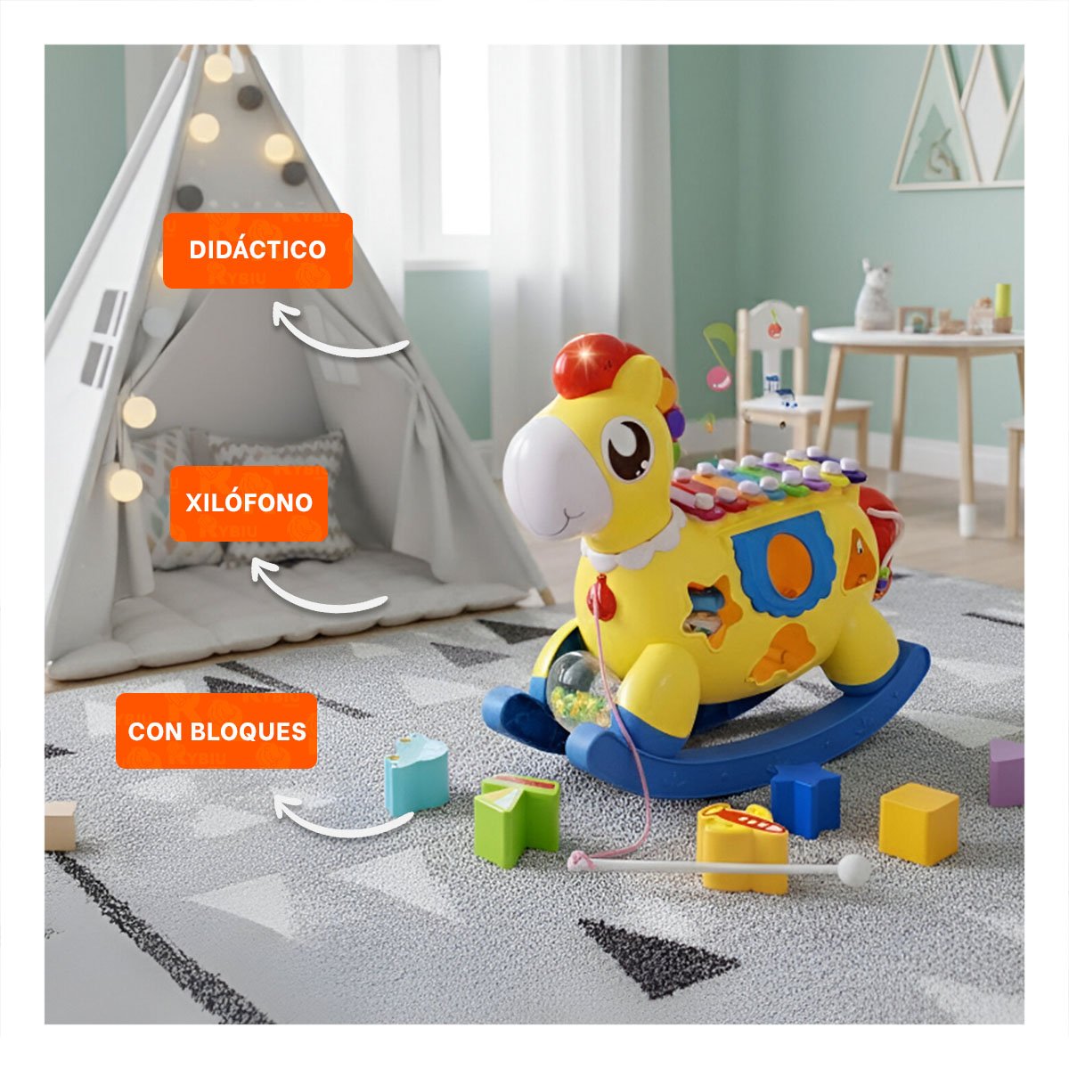 PACK6 JUEGO EDUCATIVO MUSICAL INFANTIL AZUL Y AMARILLO CON CABALLO Y XILOFONO Y+PAPEL REGALO - 2