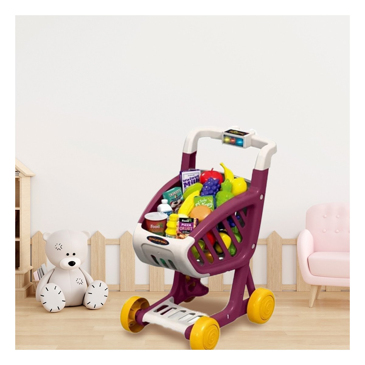 PACK2 MATERIAL PARA COMPRAS INFANTIL 41 PZS GUINDA PARA JUEGO DE SUPERMERCADO Y+REGALO STICKER - 3