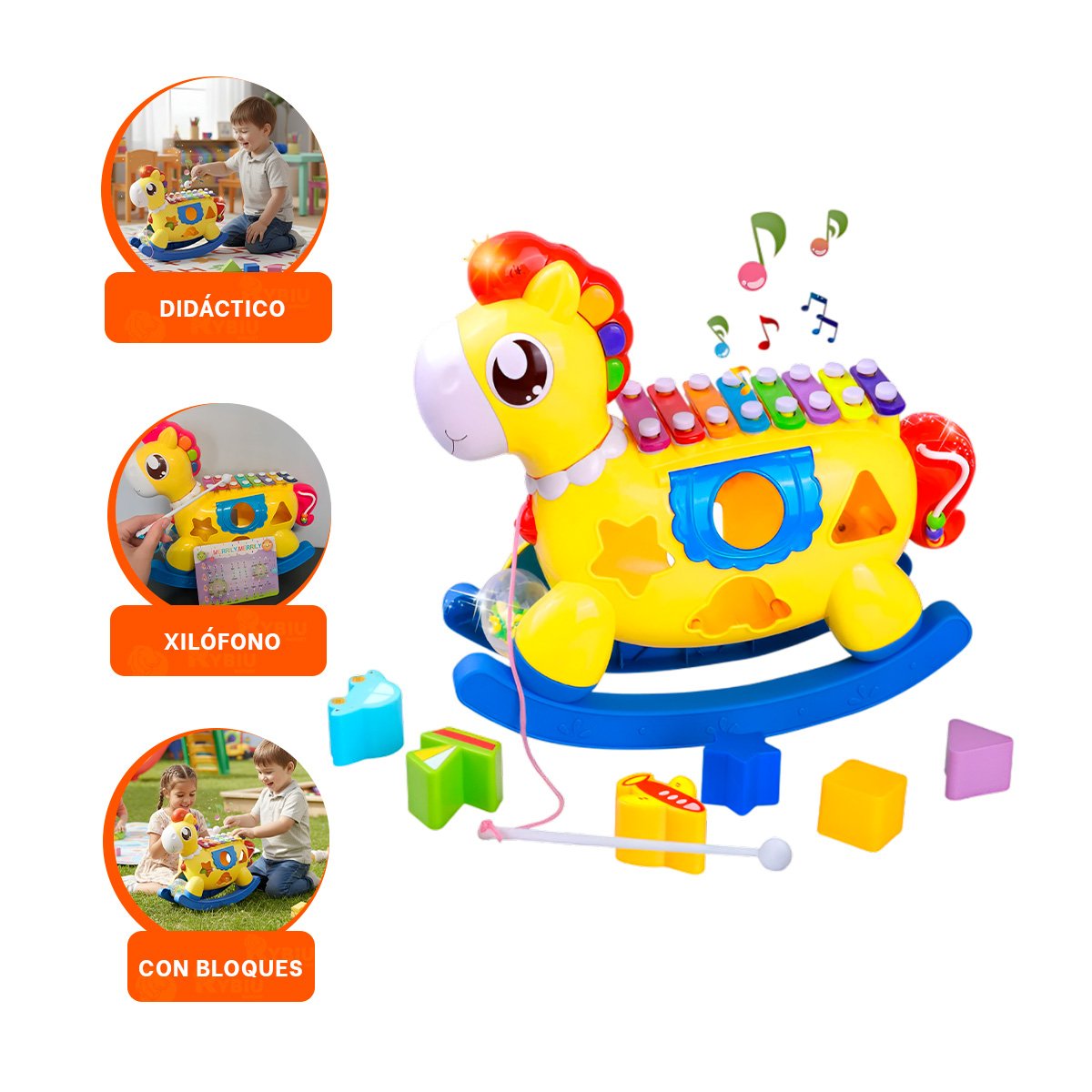 FIGURA LUDICA MUSICAL AZUL Y AMARILLO CABALLO CON BLOQUES DE COLORES - 3