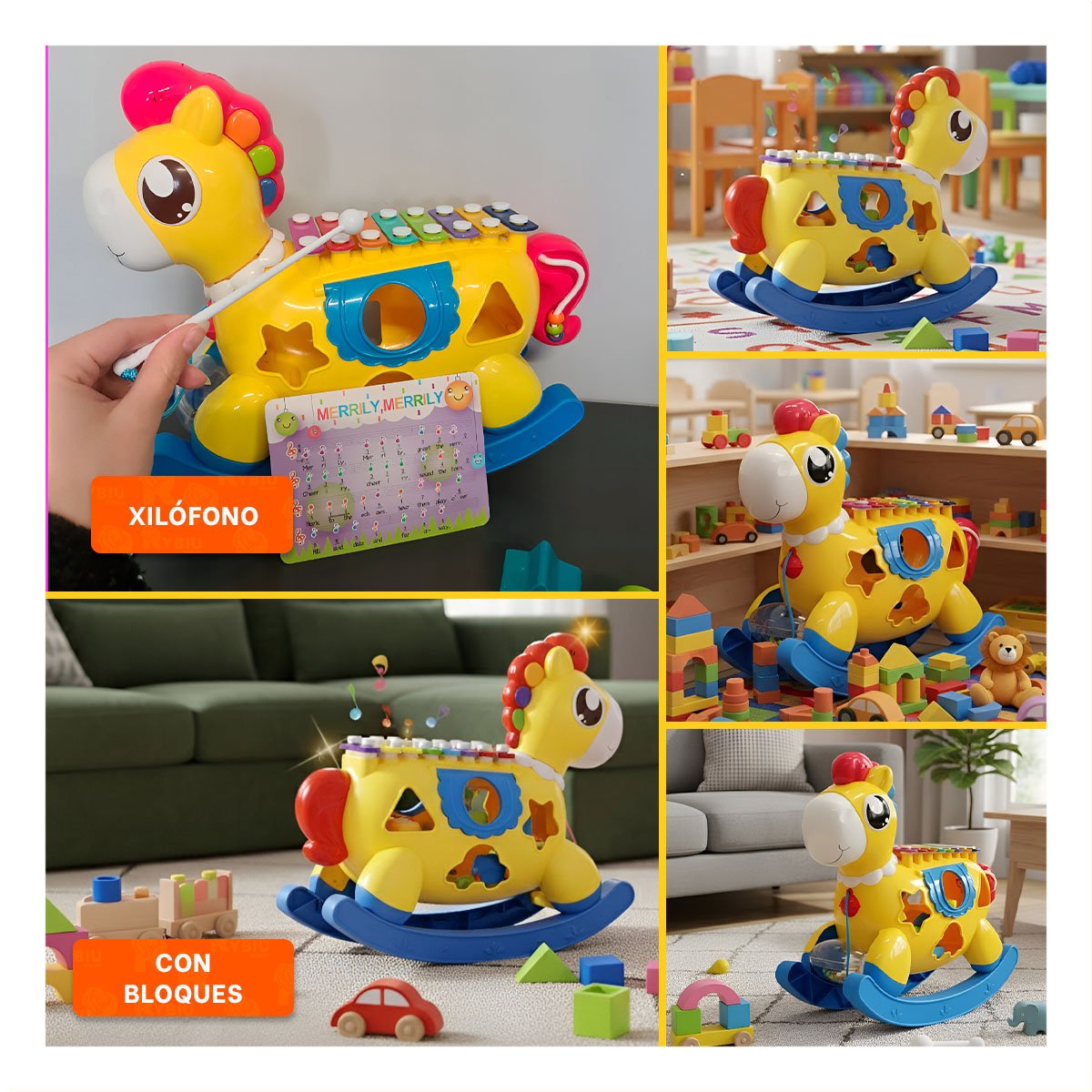 FIGURA LUDICA MUSICAL AZUL Y AMARILLO CABALLO CON BLOQUES DE COLORES - 5