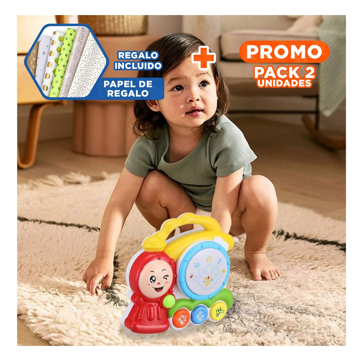 PACK2 LINEA MUSICAL TREN CON SONIDO INTERACTIVO PARA JUEGO CREATIVO EN CASA Y+PAPEL REGALO - 1