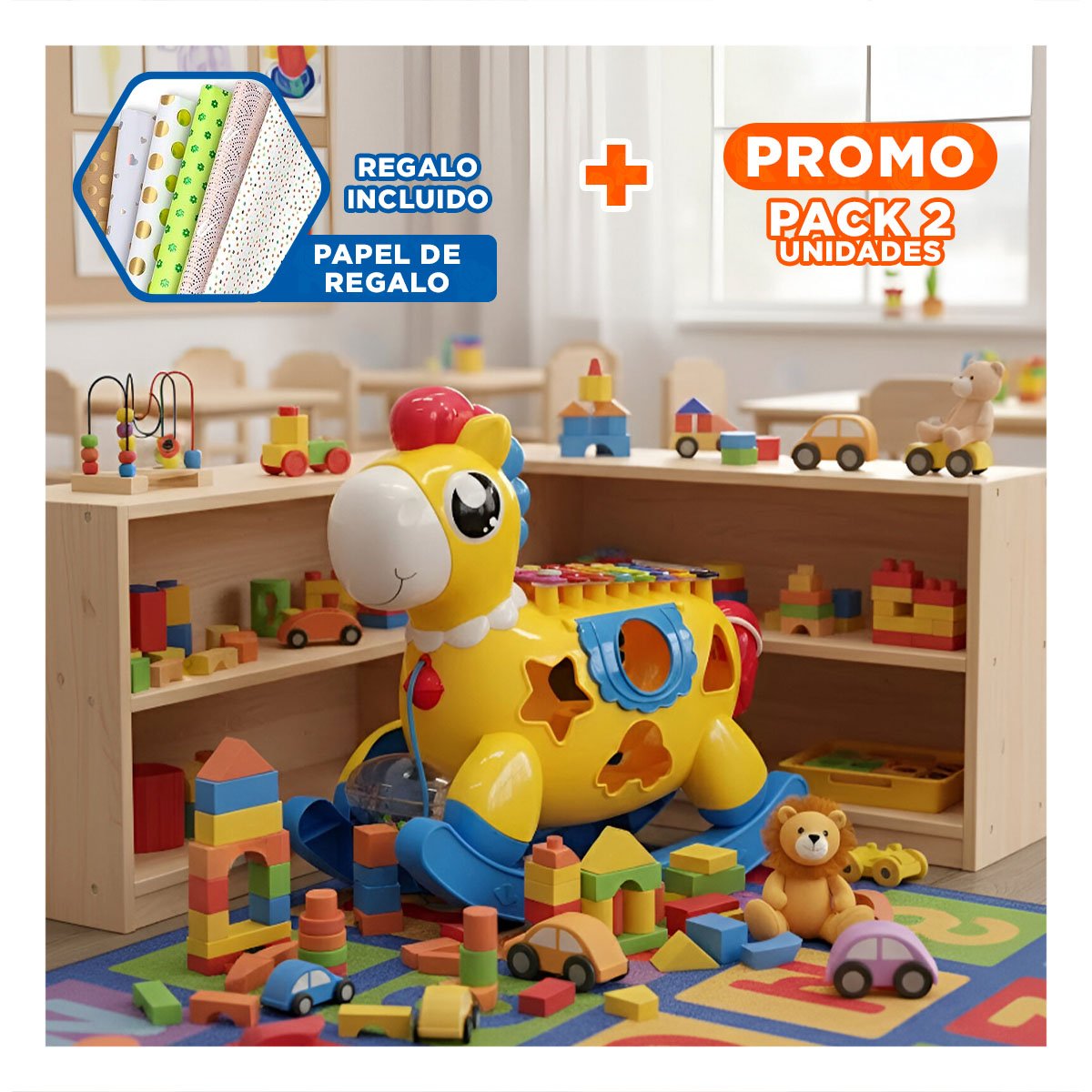 PACK2 CENTRO MUSICAL DIDACTICO AZUL Y AMARILLO CON CABALLO XILOFONO Y BLOQUES Y+PAPEL REGALO - 1