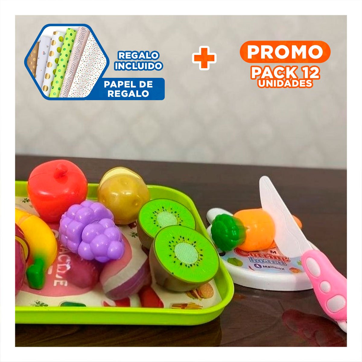 PACK12 ELEMENTO HOGAR DE FRUTAS PARA CORTAR CON BANDEJA Y TABLA PARA PICAR Y+PAPEL REGALO - 1