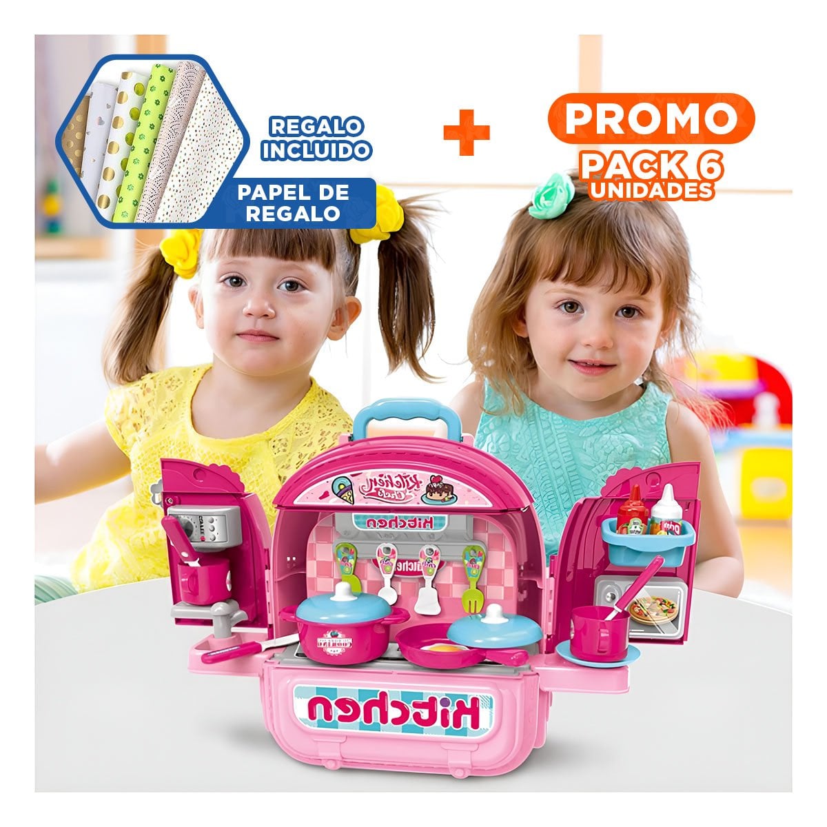 PACK6 JUEGO CREATIVO DE COCINA DE JUGUETE 3 EN 1 ROSADO TIPO MOCHILA Y+PAPEL REGALO - 1