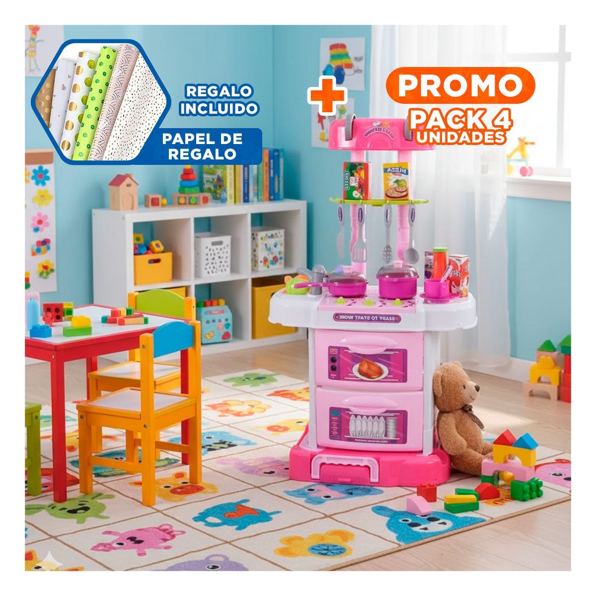 PACK4 FORMATO COCINA MALETIN TRES EN UNO SET DE FANTASIA Y+PAPEL REGALO - 1